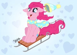 Size: 1920x1358 | Tagged: safe, artist:julunis14, pinkie pie, earth pony, pony, g4, chest fluff, clothes, cute, diapinkes, digital, female, happy, hat, heart, mare, pinkie being pinkie, scarf, signature, simple background, sled, solo, winter hat, winter outfit