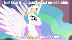Size: 1280x723 | Tagged: safe, edit, edited screencap, screencap, princess celestia, alicorn, pony, bronybait, caption, cute, cutelestia, hug request, implied hugging, looking at you, meme, smiling, smiling at you, solo, spread wings, text, this will end in hugs, wings