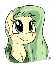 Size: 1250x1500 | Tagged: safe, artist:fakskis, oc, oc only, earth pony, pony, blushing, chest fluff, clothes, eyebrows, eyebrows visible through hair, female, freckles, mare, neck freckles, scarf, simple background, solo, white background