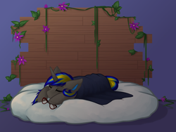 Size: 4000x3008 | Tagged: safe, artist:soup_ch, oc, oc only, oc:rapid shadow, pony, unicorn, blanket, covering, cozy, cushion, ear fluff, eyes closed, flower, glasses, lying down, male, sheet, sleeping, stallion, vine, wall, warm