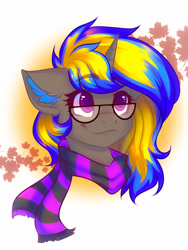 Size: 1200x1600 | Tagged: safe, artist:falafeljake, oc, oc only, oc:rapid shadow, pony, unicorn, autumn, clothes, ear fluff, glasses, happy, leaves, male, scarf, simple background, smiling, stallion, warm