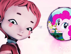 Size: 627x480 | Tagged: artist needed, safe, pinkie pie, earth pony, human, pony, friendship is magic, g4, aelita schaeffer, code lyoko, crossover, female, new friend, wallpaper