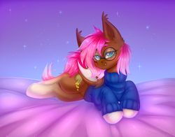 Size: 1884x1476 | Tagged: safe, artist:jennyberry, oc, oc only, oc:equinox, bat pony, pony, bat pony oc, bat wings, bed, bedsheets, clothes, ear fluff, fangs, glasses, looking at you, lying down, smiling, sweater, wings