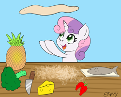 Size: 1000x800 | Tagged: safe, artist:empyu, sweetie belle, fish, pony, unicorn, g4, broccoli, cheese, cooking, cute, diasweetes, dough, food, hot pepper, knife, meat, open mouth, pineapple, pizza, ponies eating meat, solo, sweetie belle can't cook, sweetie fail, this will end in fire