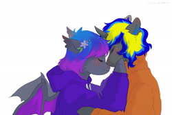 Size: 3000x2000 | Tagged: safe, artist:chi-eca, oc, oc only, oc:grey, oc:rapid shadow, bat pony, pony, unicorn, blushing, clothes, couple, cute, ear fluff, eyes closed, flower, flower in hair, freckles, gay, happy, heads together, high res, hoodie, male, oc x oc, rapid x grey, shipping, smiling, sweater, wings