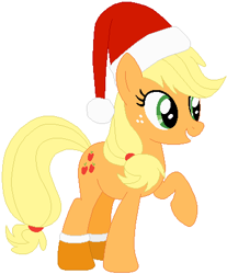 Size: 370x447 | Tagged: safe, artist:selenaede, artist:user15432, applejack, earth pony, pony, g4, base used, christmas, christmas outfit, clothes, hat, holiday, orange sock, raised hoof, red hat, santa hat, smiling, socks, solo
