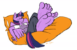 Size: 2312x1500 | Tagged: safe, artist:trowelhands, twilight sparkle, alicorn, anthro, plantigrade anthro, g4, barefoot, feet, female, fetish, foot fetish, foot focus, lying down, simple background, soles, solo, toes, twilight sparkle (alicorn), white background
