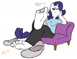 Size: 1938x1500 | Tagged: safe, artist:trowelhands, rarity, unicorn, anthro, plantigrade anthro, g4, barefoot, chair, clothes, feet, female, fetish, foot fetish, foot focus, imminent foot worship, shoes, simple background, soles, solo, toes, white background