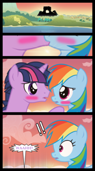 Size: 1280x2300 | Tagged: safe, artist:bigsnusnu, rainbow dash, twilight sparkle, pegasus, pony, unicorn, comic:dusk shine in pursuit of happiness, g4, blushing, cloud, comic, cute, dashabetes, dusk shine, duskabetes, exclamation point, falling, falling through clouds, female, half r63 shipping, kissing, lake, looking at each other, looking at someone, male, rule 63, ship:duskdash, ship:twidash, shipping, silhouette, stare, straight, sunset, surprised