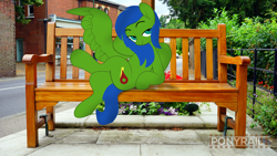 Size: 6000x3376 | Tagged: safe, artist:ponyrailartist, oc, oc only, oc:checkpoint, pegasus, pony, bench, building, female, fence, irl, looking at you, mare, photo, ponies in real life, road, sidewalk, watermark