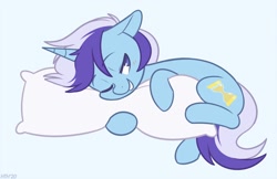 Size: 1700x1100 | Tagged: safe, alternate version, artist:higglytownhero, minuette, pony, unicorn, g4, bedroom eyes, blue background, blushing, body pillow, cute, female, grin, hug, lying down, mare, minubetes, on side, one eye closed, pillow, pillow hug, simple background, smiling, solo, wink