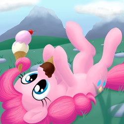 Size: 2000x2000 | Tagged: safe, artist:stellardust, derpibooru exclusive, pinkie pie, earth pony, pony, g4, cherry, cloud, cute, diapinkes, eating, female, food, grass, high res, holding, ice cream, legs in air, lineless, mare, mountain, neapolitan, solo, upside down