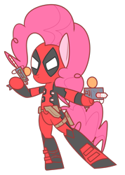 Size: 1222x1717 | Tagged: safe, artist:mr-degration, pinkie pie, earth pony, pony, g4, bipedal, candy weapon, clothes, costume, deadpool, disguise, looking at you, pose, solo