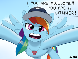 Size: 1800x1350 | Tagged: safe, artist:nagoluckyart, rainbow dash, pegasus, pony, g4, female, flying, hat, looking at you, mare, open mouth, outstretched arms, positive ponies, public service announcement, solo, spread wings, talking to viewer, text, whistle, wings
