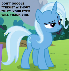 Size: 686x706 | Tagged: safe, edit, edited screencap, screencap, trixie, pony, no second prances, cropped, lidded eyes, solo, text