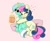 Size: 3500x2900 | Tagged: safe, artist:kittyrosie, bon bon, lyra heartstrings, sweetie drops, earth pony, pony, unicorn, g4, adorabon, blushing, cute, date, duo, duo female, eyes closed, female, food, glowing horn, high res, horn, hug, lesbian, lyrabetes, magic, mare, pink background, popcorn, ship:lyrabon, shipping, simple background, sitting, telekinesis