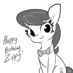 Size: 1980x1980 | Tagged: safe, artist:tjpones, octavia melody, pegasus, pony, g4, bowtie, cute, female, grayscale, happy birthday, looking at you, mare, monochrome, simple background, solo, tavibetes, white background, zippysqrl's birthday