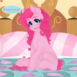 Size: 3840x3840 | Tagged: safe, artist:rise_of_evil_69, pinkie pie, earth pony, pony, g4, big eyes, blanket, blushing, dialogue, ear fluff, female, heart eyes, high res, looking at you, mare, missing cutie mark, open mouth, patreon, patreon logo, pillow, sexy, sitting, smiling, smiling at you, solo, wingding eyes