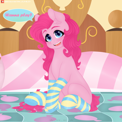 Size: 1700x1700 | Tagged: safe, alternate version, artist:rise_of_evil_69, pinkie pie, earth pony, pony, g4, big eyes, blanket, blushing, clothes, dialogue, ear fluff, female, heart eyes, looking at you, mare, missing cutie mark, open mouth, patreon, patreon logo, pillow, sexy, sitting, smiling, smiling at you, socks, solo, striped socks, wingding eyes