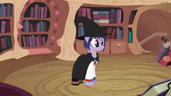 Size: 1152x647 | Tagged: safe, artist:themanwhosleptin, twilight sparkle, g4, 2016, bookworm, clothes, cosplay, costume, golden oaks library, hat, library, melancholy of haruhi suzumiya, witch, witch costume, witch hat, yuki nagato