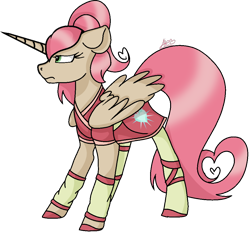 Size: 1036x960 | Tagged: source needed, useless source url, safe, artist:muhammad yunus, alicorn, pony, g2, g4, aelita schaeffer, clothes, code lyoko, crossover, female, g2 to g4, generation leap, heart, mare, ponified, simple background, solo, transparent background, unamused