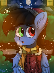 Size: 1200x1600 | Tagged: safe, artist:mjsw, oc, oc only, oc:glorious shark, pegasus, pony, clothes, commission, forest, heterochromia, male, snow, snowfall, solo, stallion, winter
