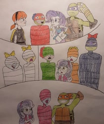 Size: 900x1073 | Tagged: safe, artist:jebens1, princess luna, rarity, snails, snips, sweetie belle, vice principal luna, equestria girls, g4, april o'neil, donatello, michelangelo, mummification, silly songs, singing, song reference, teenage mutant ninja turtles, traditional art, veggietales, wrapped myself up for christmas, wrapped up