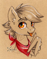 Size: 945x1183 | Tagged: safe, artist:lailyren, oc, oc only, pegasus, pony, male, orange eyes, solo, stallion, tongue out, traditional art, wing hands, wings