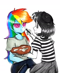 Size: 2154x2646 | Tagged: safe, artist:liaaqila, rainbow dash, oc, oc:isabelle incraft, oc:izzy, human, equestria girls, g4, beret, clothes, face paint, gloves, hat, heart, high res, hypno dash, hypno eyes, hypnosis, hypnotized, mime, monochrome, paint, paint palette, paintbrush, palette, partial color, sitting, skirt, swirly eyes, traditional art