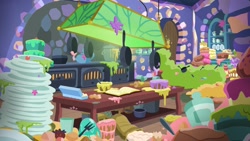 Size: 1920x1080 | Tagged: safe, every little thing she does, g4, season 6, background, book, cake, food, frying pan, kitchen, no pony, top draw animation, twilight's castle