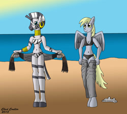 Size: 2400x2153 | Tagged: safe, artist:baroquewolfe, derpy hooves, zecora, pegasus, zebra, anthro, unguligrade anthro, g4, beach, belly button, bikini, breasts, busty derpy hooves, busty zecora, cleavage, clothes, ear piercing, earring, female, high res, jewelry, mare, neck rings, ocean, pants, pants down, piercing, sarong, sun, swimsuit, tail, tank top, undressing, wings, zebra print
