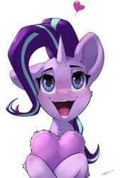 Size: 1911x2803 | Tagged: safe, artist:skitsroom, starlight glimmer, pony, unicorn, g4, blushing, cute, female, floating heart, glimmerbetes, happy, heart, mare, open mouth, signature, simple background, solo, white background