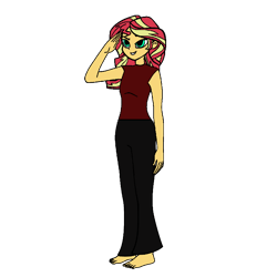 Size: 768x768 | Tagged: safe, artist:thatradhedgehog, sunset shimmer, equestria girls, g4, barefoot, bellbottoms, feet, full body, salute, simple background, transparent background