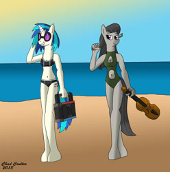 Size: 2189x2211 | Tagged: safe, artist:baroquewolfe, dj pon-3, octavia melody, vinyl scratch, anthro, unguligrade anthro, g4, beach, bikini, black swimsuit, bow (instrument), clothes, cutie mark, cutie mark on anthro, female, glasses, green swimsuit, high res, horn, musical instrument, ocean, one-piece swimsuit, radio, sky, sun, swimsuit, tail, violin, violin bow