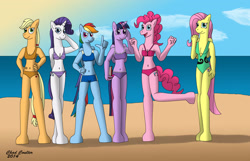 Size: 3054x1964 | Tagged: safe, artist:baroquewolfe, applejack, fluttershy, pinkie pie, rainbow dash, rarity, twilight sparkle, alicorn, anthro, unguligrade anthro, g4, beach, bedroom eyes, belly button, bikini, book, breasts, busty applejack, busty fluttershy, busty mane six, busty pinkie pie, busty rainbow dash, busty rarity, busty twilight sparkle, cleavage, clenched fist, clothes, cloud, female, hand on head, hand on hip, horn, looking at you, mane six, ocean, one-piece swimsuit, poses, sky, smiling at you, sun, swimsuit, tail, twilight sparkle (alicorn), wings