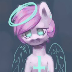 Size: 660x660 | Tagged: safe, artist:mewball, oc, oc only, oc:candy prancer, pony, angelic wings, depression, halo, inverted cross, religion, sad, solo, wings