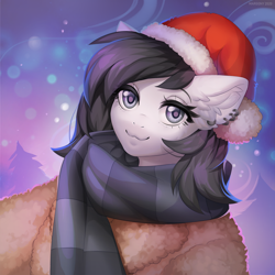 Size: 1200x1200 | Tagged: safe, artist:margony, oc, oc only, oc:lodey darkshine, earth pony, anthro, christmas, clothes, commission, ear piercing, female, hat, holiday, looking at you, piercing, santa hat, solo, sweater