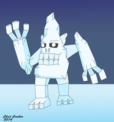 Size: 2329x2487 | Tagged: safe, artist:baroquewolfe, oc, oc only, oc:gnorg, ice orc, g1, g4, blue background, dark blue background, ears, feet, g1 to g4, generation leap, high res, ice, ice creature, ice monster, ice org, light blue, monster, org, simple background, solo, teeth, white