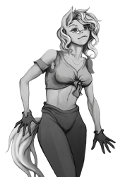Size: 2480x3508 | Tagged: safe, artist:razlads-slave, oc, oc only, oc:trestle, anthro, clothes, female, front knot midriff, gloves, high res, looking at you, monochrome, pants, pinup, rule 63, simple background, solo, sweatpants, transparent background
