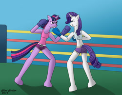 Size: 2631x2067 | Tagged: safe, artist:baroquewolfe, rarity, twilight sparkle, anthro, unguligrade anthro, g4, blue background, boxing, boxing gloves, boxing ring, boxing shorts, clothes, fight, high res, horn, midriff, request, requested art, simple background, sports, sports bra, tail, tank top