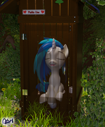 Size: 1440x1728 | Tagged: safe, alternate version, artist:quicktimepony, dj pon-3, vinyl scratch, pony, unicorn, g4, 3d, blender, but why, eyes closed, forest, grass, implied pooping, open mouth, outhouse, relief, relieved, signature, sitting, sitting on toilet, solo, toilet, toilet paper roll, transparent door