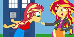 Size: 731x369 | Tagged: safe, artist:thatradhedgehog, sunset shimmer, oc, oc:evil sunset shimmer, equestria girls, g4, alternate universe, doctor who, implied doctor whooves, self paradox, tardis, time travel
