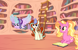 Size: 3700x2400 | Tagged: safe, artist:stellamoonshineyt, luster dawn, starlight glimmer, oc, oc:sundusk, alicorn, pony, unicorn, g4, age regression, alicornified, baby, baby pony, babylight glimmer, book, glowing horn, golden oaks library, high res, horn, lying down, magic, magic aura, offspring, open mouth, parent:starlight glimmer, parent:sunburst, parents:starburst, prone, race swap, starlicorn, time paradox, vector