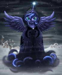 Size: 2111x2551 | Tagged: safe, artist:awalex, princess luna, spirit of hearth's warming yet to come, alicorn, pony, g4, female, high res, mare, night, snow, snowfall, solo, tree, winter