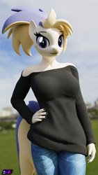 Size: 2160x3840 | Tagged: safe, artist:shadowboltsfm, oc, oc:kali, anthro, plantigrade anthro, 3d, 4k, black nail polish, blender, breasts, clothes, female, hand on hip, high res, jeans, looking at you, nail polish, not sfm, pants, smiling, sweater