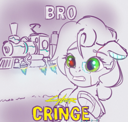 Size: 867x824 | Tagged: safe, artist:drafthoof, oc, oc only, oc:oil drop, pony, augmented, back to the future part 3, cringing, cyberpunk, cyberpunk 2077, female, mare, meme, solo, train