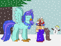 Size: 3264x2448 | Tagged: safe, artist:supahdonarudo, oc, oc only, oc:ironyoshi, oc:sea lilly, classical hippogriff, hippogriff, pony, unicorn, clothes, coat, high res, scarf, shivering, snow, snowfall, snowman, tree, winter, winter hat