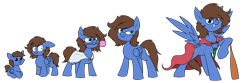 Size: 3889x1294 | Tagged: safe, artist:moonatik, oc, oc only, oc:bizarre song, pegasus, pony, age progression, baby, baby pony, baseball bat, cape, clothes, colt, horn, horn necklace, male, pegasus oc, plunger, severed horn, simple background, solo, spread wings, stallion, towel, transparent background, wings