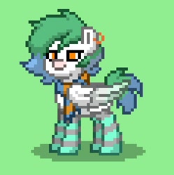 Size: 1080x1084 | Tagged: safe, oc, oc only, oc:pureone, pegasus, pony, ashes town, clothes, green background, pegasus oc, scarf, simple background, socks, solo, striped socks, wings