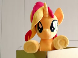 Size: 1024x768 | Tagged: safe, artist:nekokevin, artist:shunnkai, sunset shimmer, pony, unicorn, g4, box, cute, female, frog (hoof), irl, looking at you, mare, photo, plushie, pony in a box, shimmerbetes, smiling, solo, underhoof